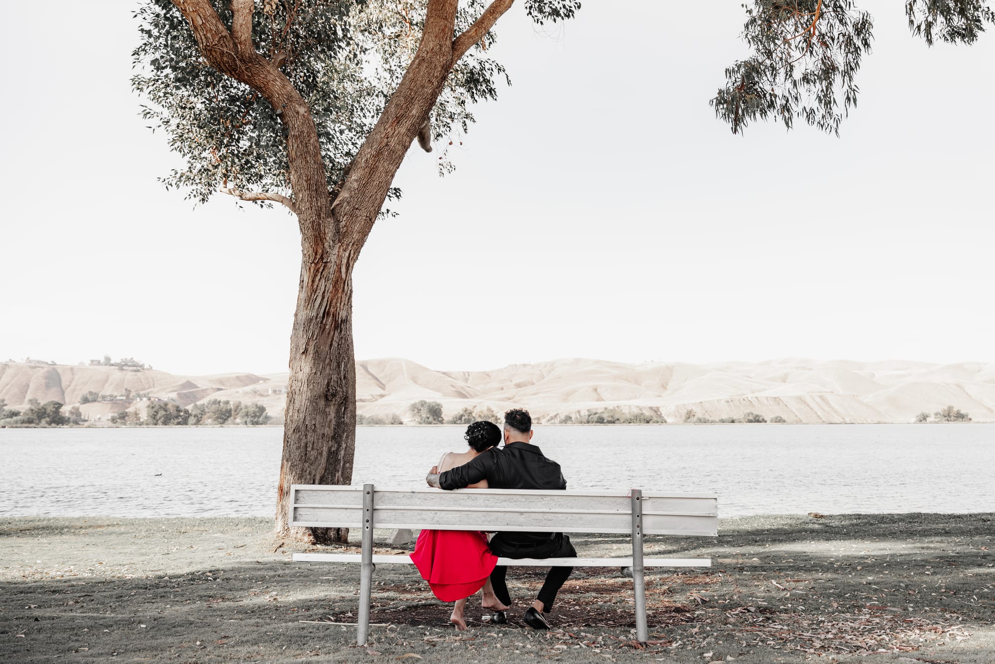 Retrato tranquilo de pareja en una banca junto al lago